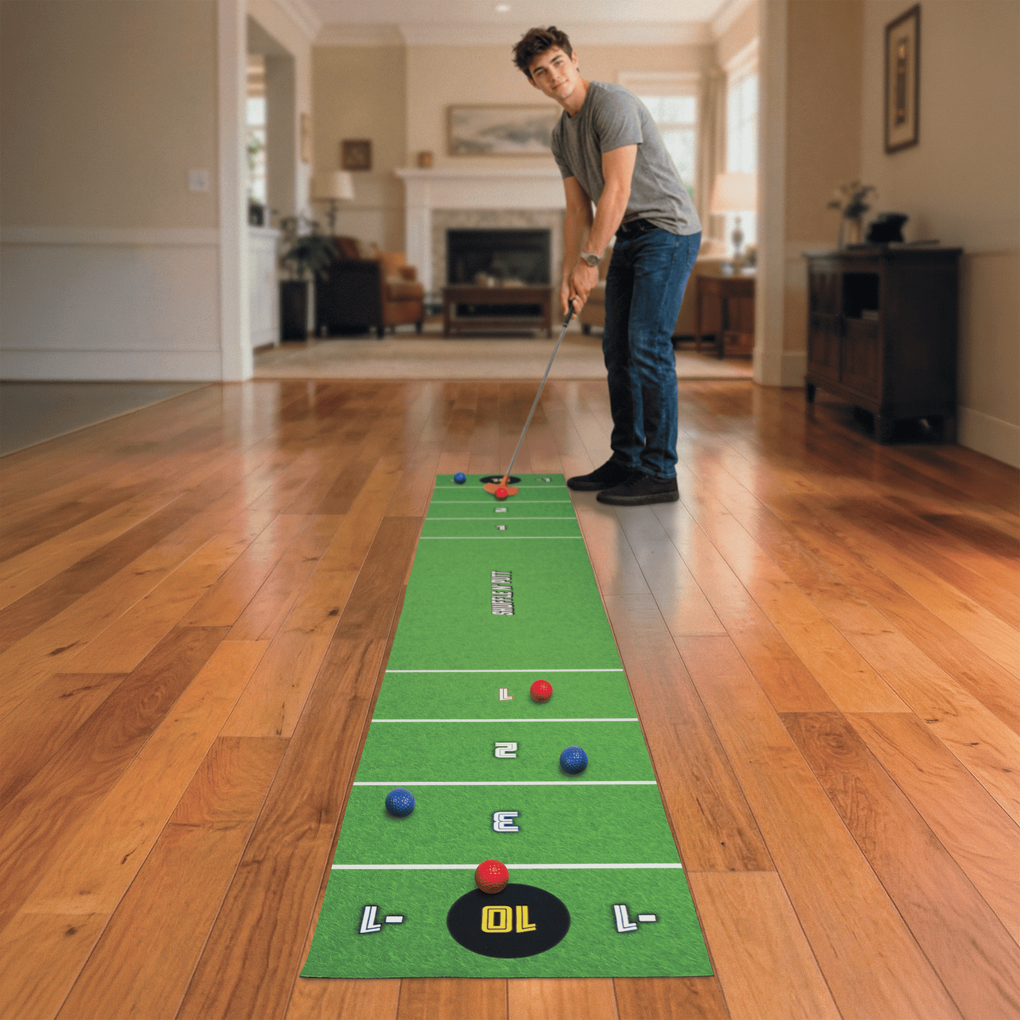 Shuffle N' Putt, Shuffleboard Golf Game Set, 13 Pieces with 9.8-Foot Mat, Adjustable Putters, and Rubber Balls, by MinnARK