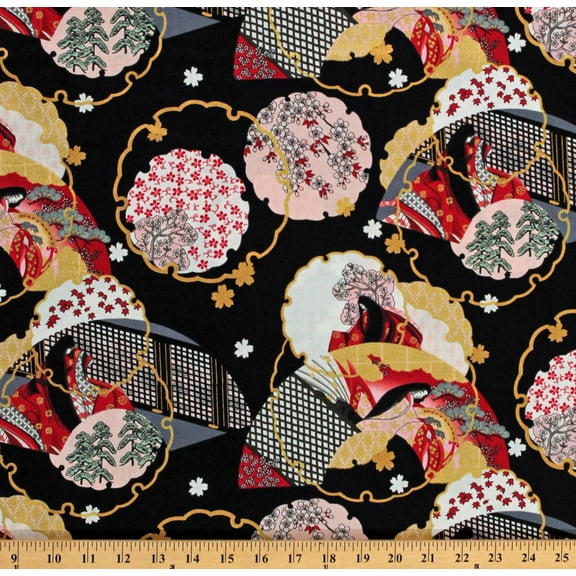 Cotton Japanese Traditions Customs Cherry Blossom Trees Fans Cultural Heritage Black Cotton Fabric Print by the Yard (SRKM-21200-122-CAMELLIA)