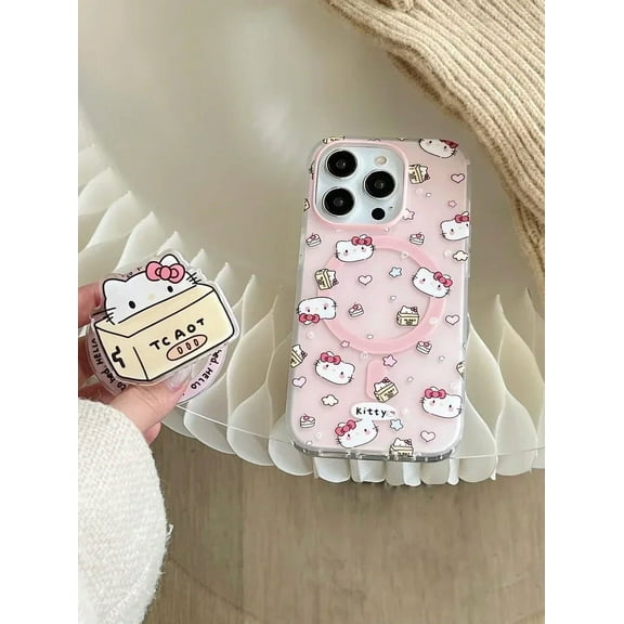 Cute Sanrio Hello Kitty Magnetic Bracket Magsafe Wireless Charge Phone Case For iPhone 15 14 13 12 11 Pro Max Clear Soft Cover