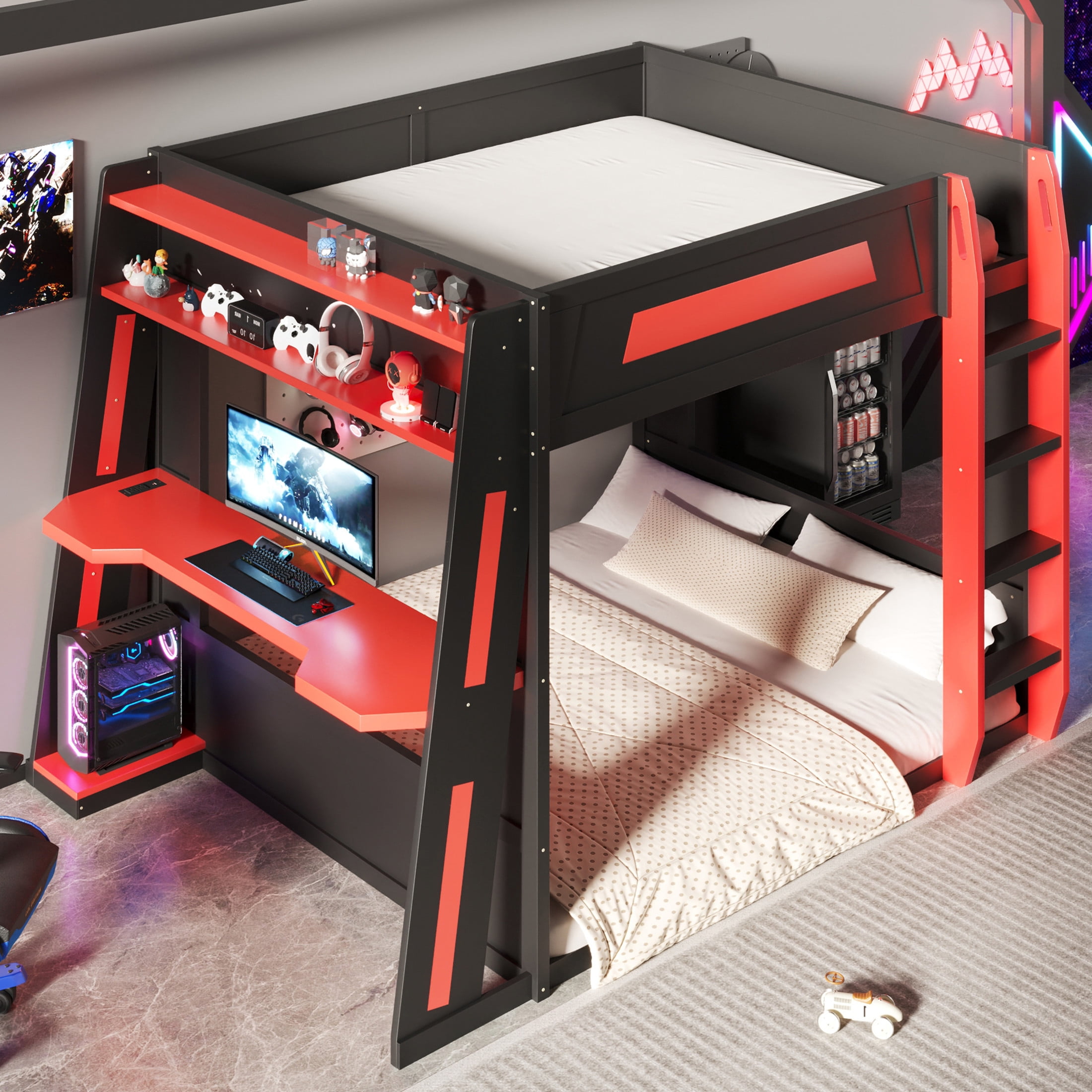 Noble House Nira Queen Gaming Bunk Bed with Desk and LED Lights, Wood Loft Bed with Charging Ports, Black and Red