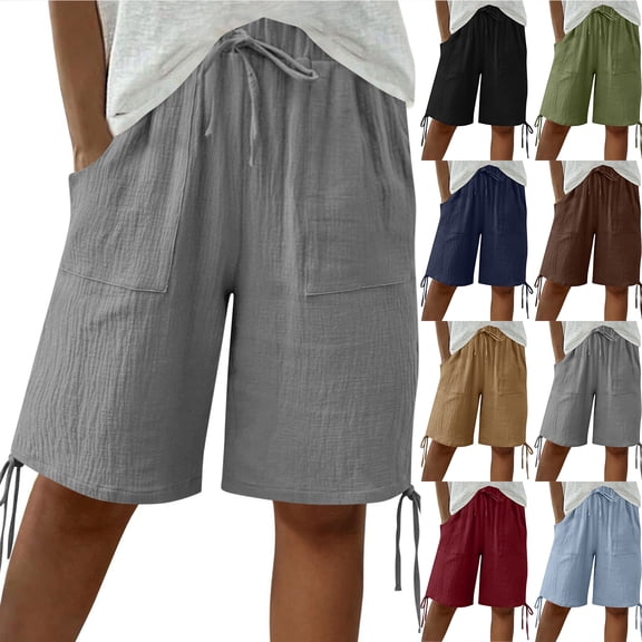 Bloomae Bermuda Shorts for Women Knee Length Drawstring Elastic Waist Linen Lounge Shorts Lightweight Casual Summer Gauze Pedal Pushers with Pockets Dark Blue L