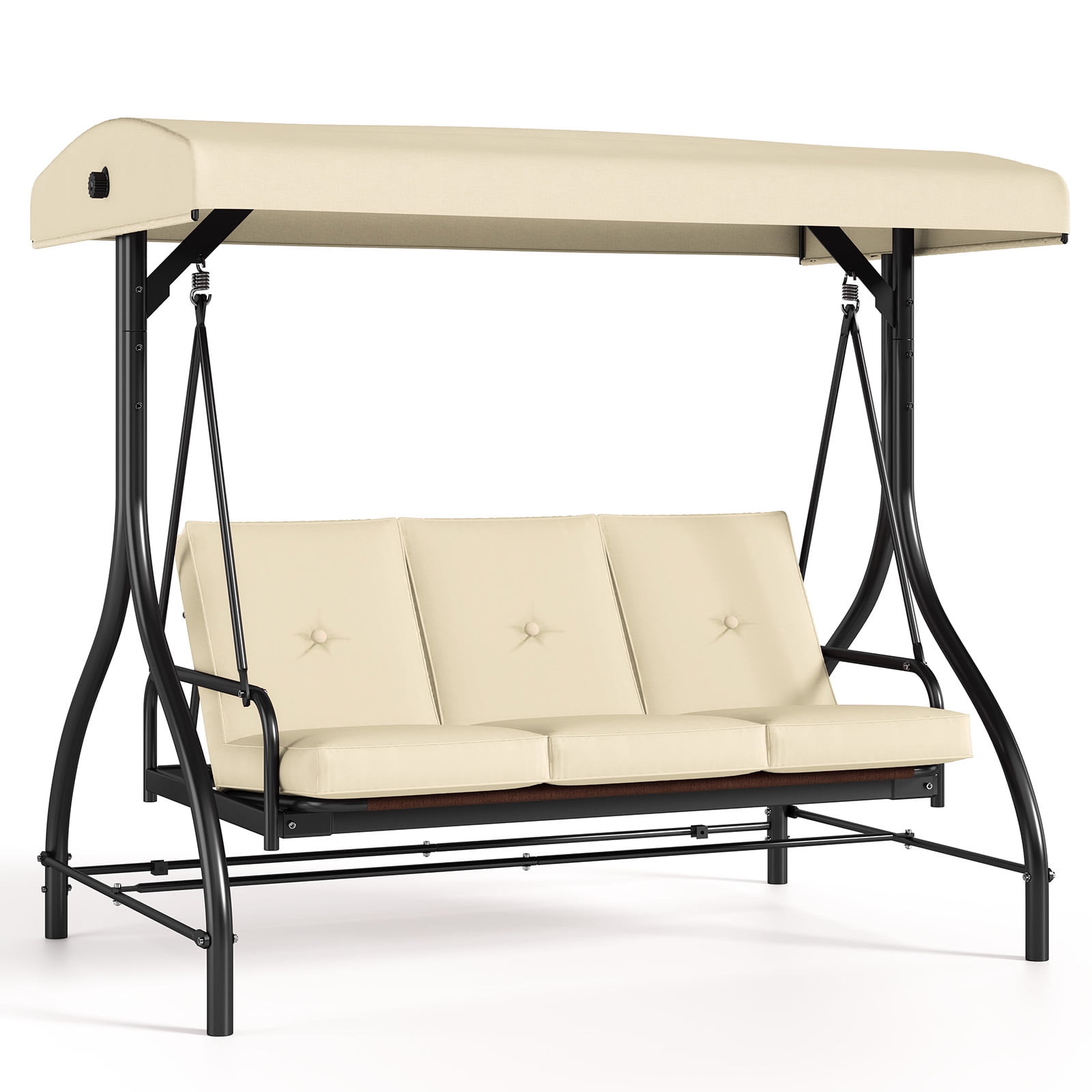 Arlopu 3 Person Porch Swing Outdoor Swing Chair with Adjustable Canopy & Cushions for Backyard Garden, Beige