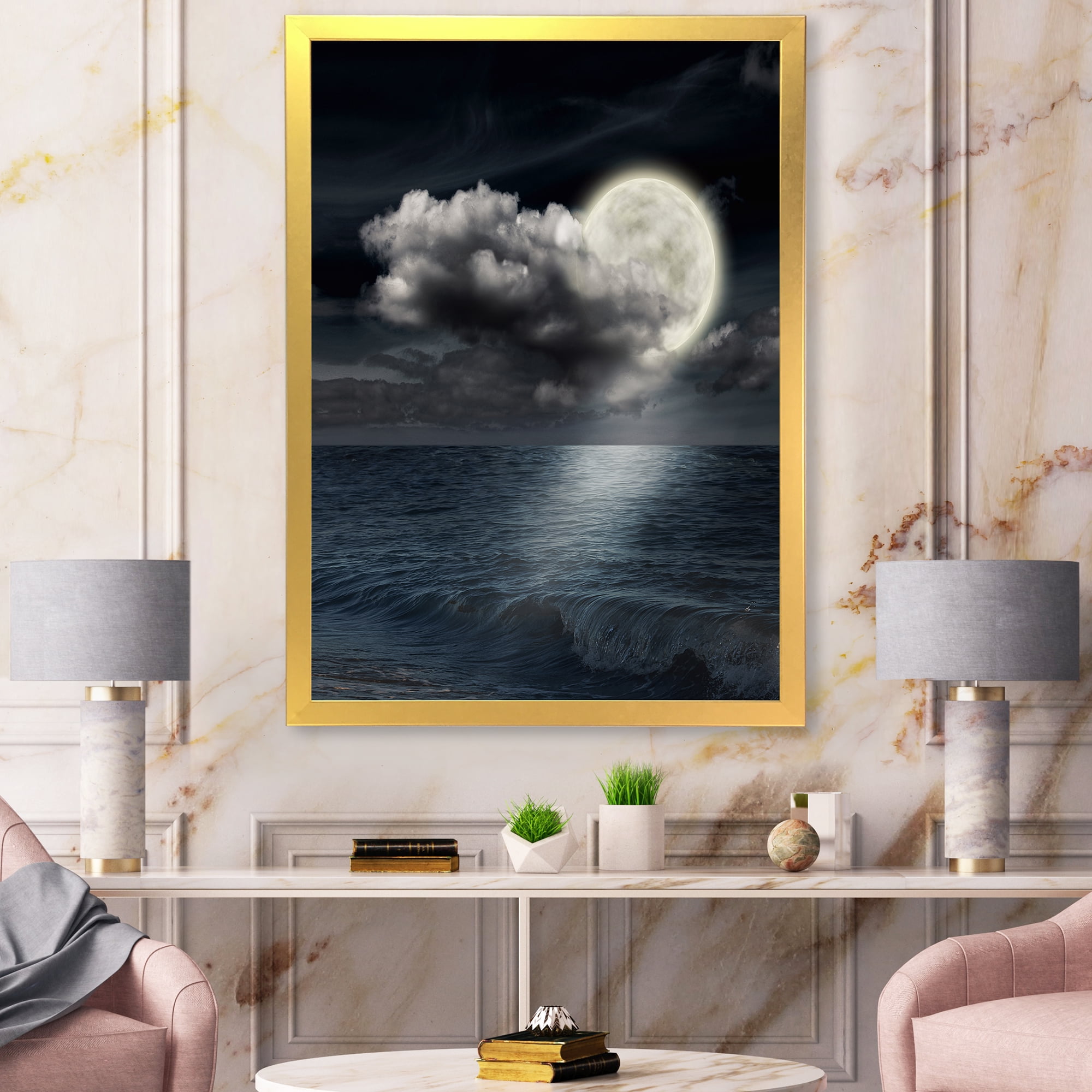 Designart 'Full Moon Night in Cloudy Sky VI' Nautical & Coastal Framed Art Print