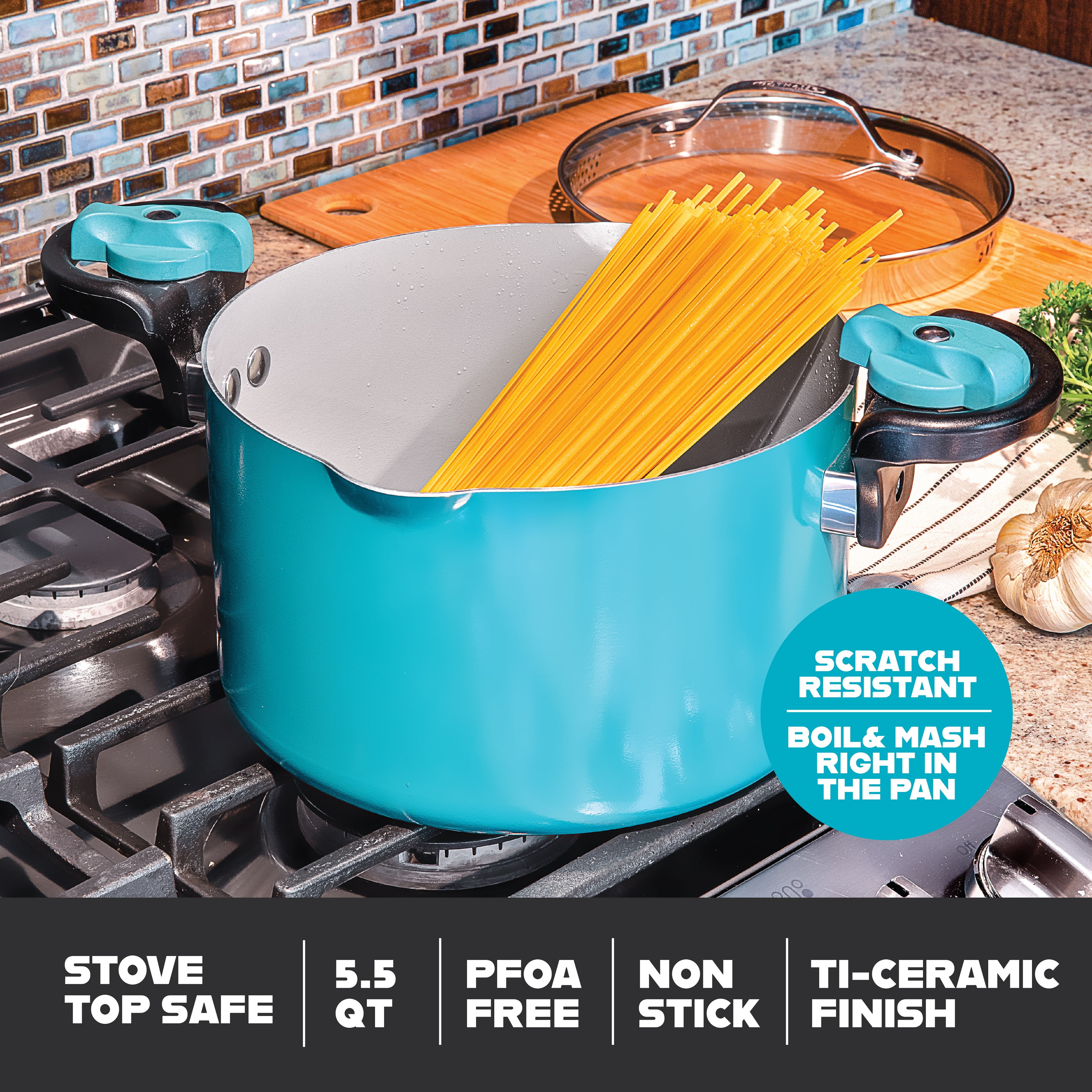Gotham Steel 5 Quart Stock Multipurpose Pasta Pot with Strainer Lid & Twist  and Lock Handles, Nonstick Ceramic Surface Makes for Effortless Cleanup