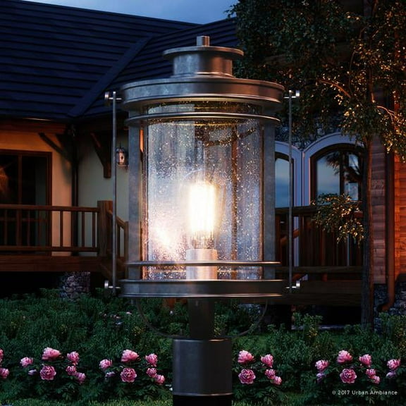 Urban Ambiance Luxury MidCentury Modern Outdoor Post Light, Medium Size: 19.5"H x 10.5"W, with Craftsman Style Elements, High-End Black Silk Finish and Seeded Glass, Includes Edison Bulb, UQL1010