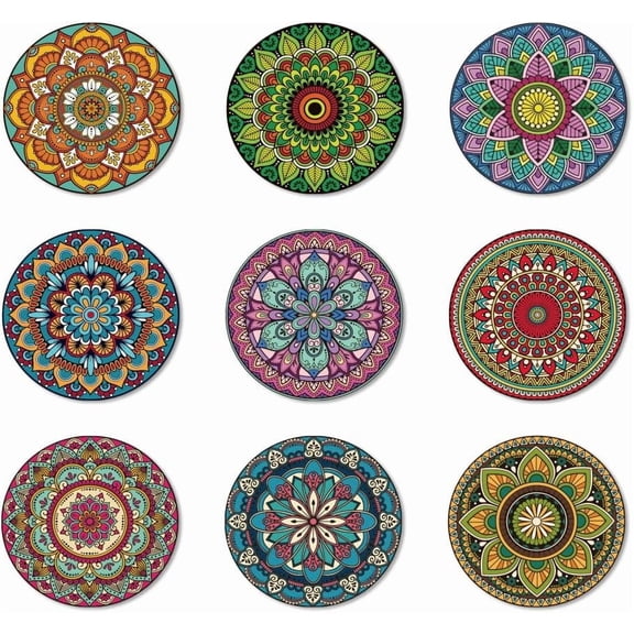 9 Pcs Wood Coasters for Drinks Mandala Colorful Wooden Cup Mat for Coffee Table Decor 3.9" Non-Slip Desk Coasters for Home Apartment Office Bar Colorful