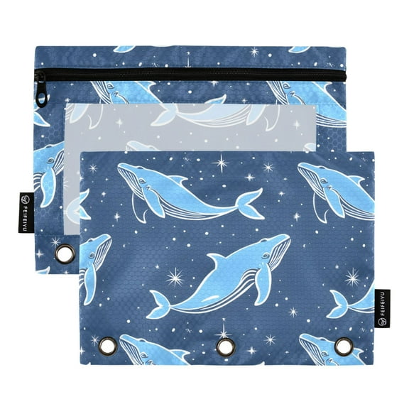 ALAZA 2 Pack Pencil Pouch Whales Stars Navy Pencil Case for 3 Ring Binder Clear Window Pencil Bag Organizers