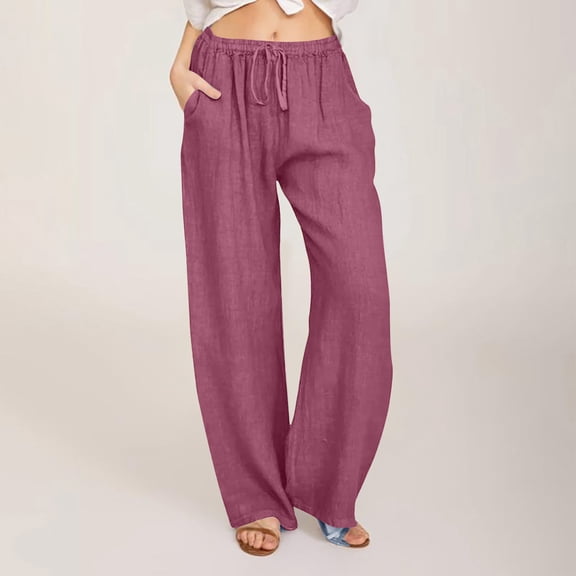 oiangi Beach Pants for Women Cotton Linen Palazzo Pant Drawstring Elastic Waist Casual Trousers Wine S