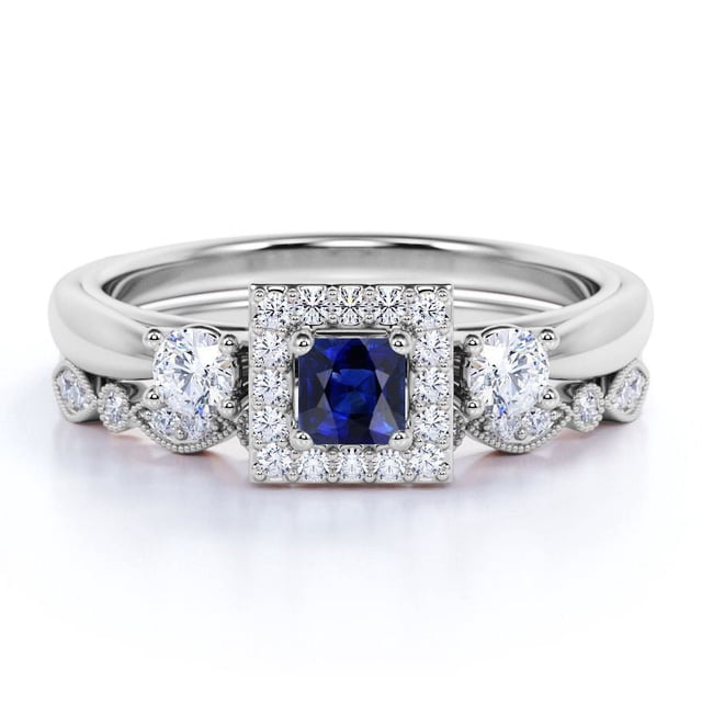 JeenMata Juego de Anillos de Boda con Halo Cuadrado de Moissanita y Zafiro Azul Creado en Laboratorio de Corte Princesa de 1,5 TCW Trilogy