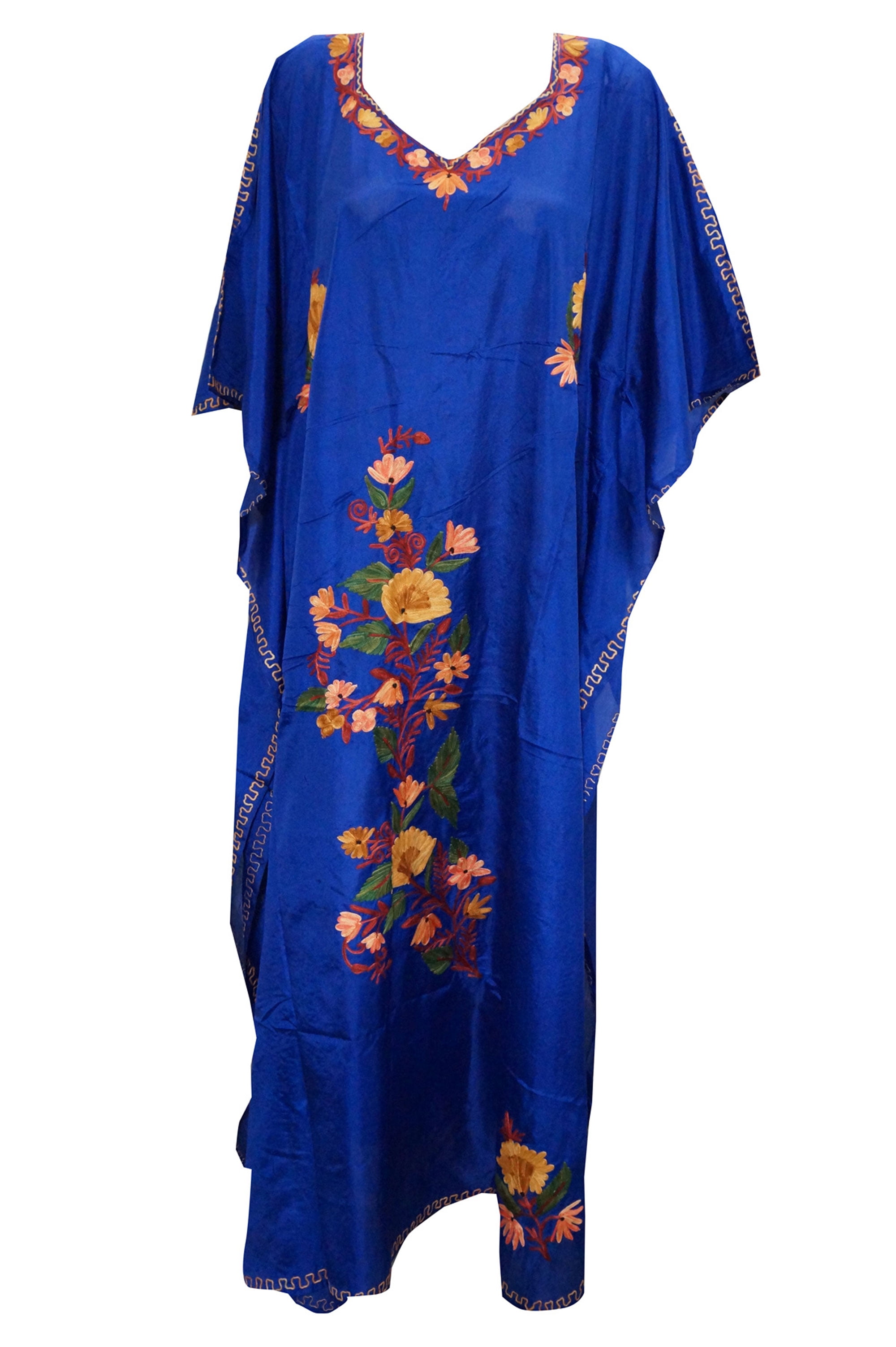 Mogul Women's Kashmiri Caftan Floral Hand Embroidered Blue Maxi Kaftan ...