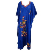 Mogul Women's Kashmiri Caftan Floral Hand Embroidered Blue Maxi Kaftan Dress