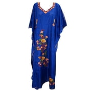 Mogul Women's Kashmiri Caftan Floral Hand Embroidered Blue Maxi Kaftan Dress