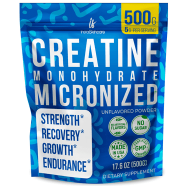 InstaSkincare Creatine Monohydrate Powder for Muscle Gain, More Strength and Faster Workout Recovery for Women & Men - Micronized Creatine Monohydrate, 5000mg Per Serv (5g) Made in USA 1.1 Lbs