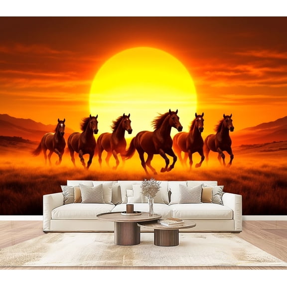 Wallpaper Majestic Running Horses Silhouetted Against Fiery Peel and Stick Wall Murals 100"H x 144"W Removable PVC Wall Paper Self-Adhesive Wall Paintings Art Decor for Bedroom Living Room