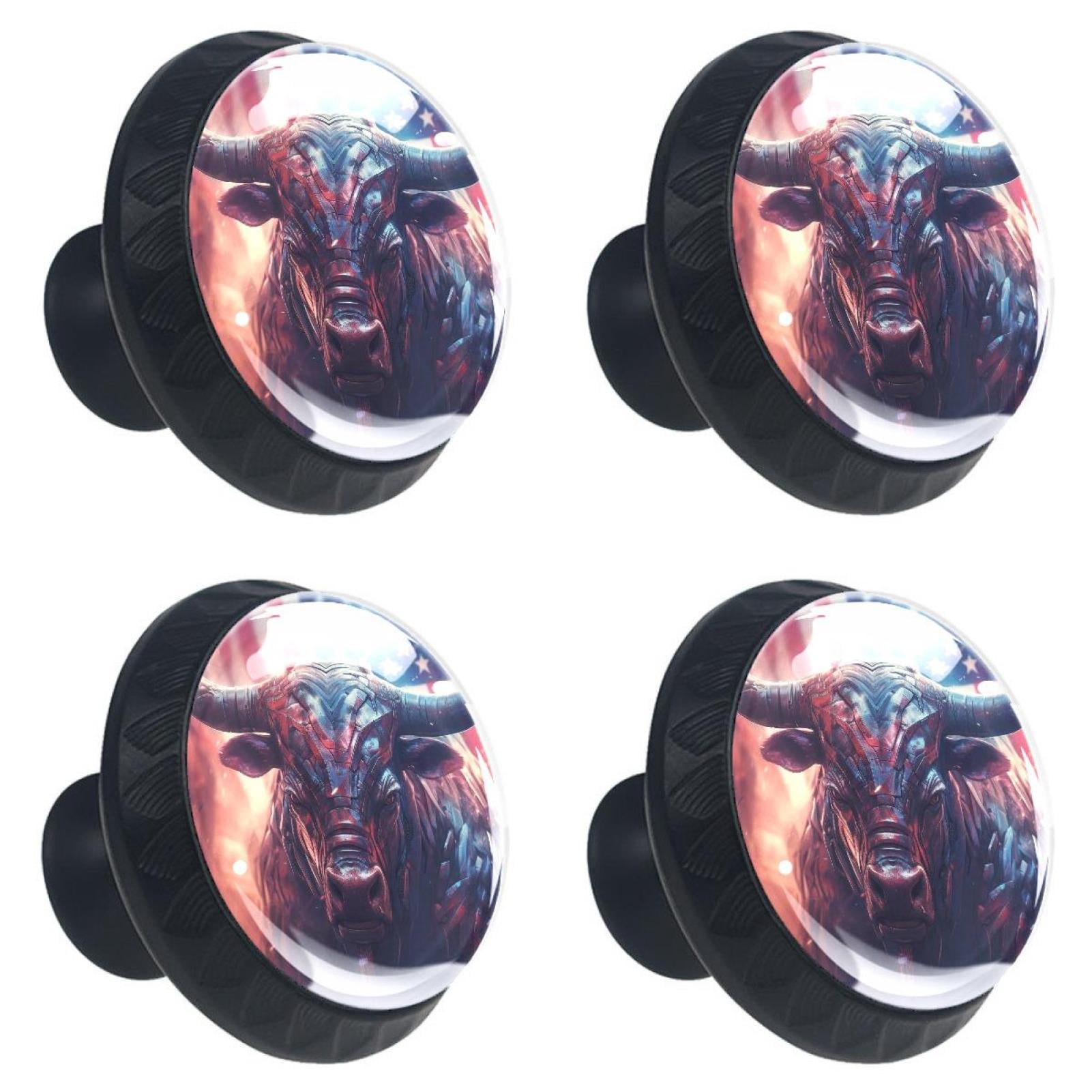 4 Pcs Cow American Flag Knobs for Kitchen Cabinet Cupboard Dresser Bookcase Drawer Pulls Handles Round Home Decor