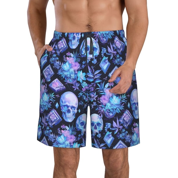 Balery Skull blue crystal flower Traje de Baño Estilo Hawaiano para Hombre, Shorts de Secado Rápido con Bolsillos-Small