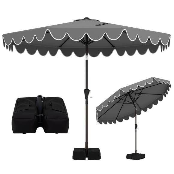Costway 10 FT Patio Umbrella with Weighted Base, Sandbags, Push Button Tilt & Crank Gray