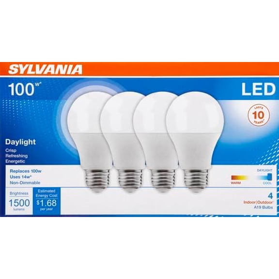 PYYAN-Sylvania LED A19 Light Bulb, 100W Equivalent, Efficient 14W, 1500 Lumens, Frosted Finish, Daylight - 4 Pack (78103)