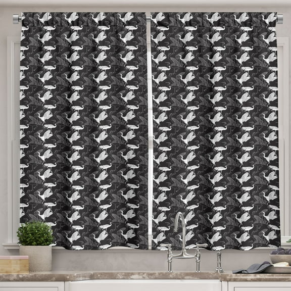 Ambesonne Crane Kitchen Curtains, Bird Pattern, 55"x39", Black and White