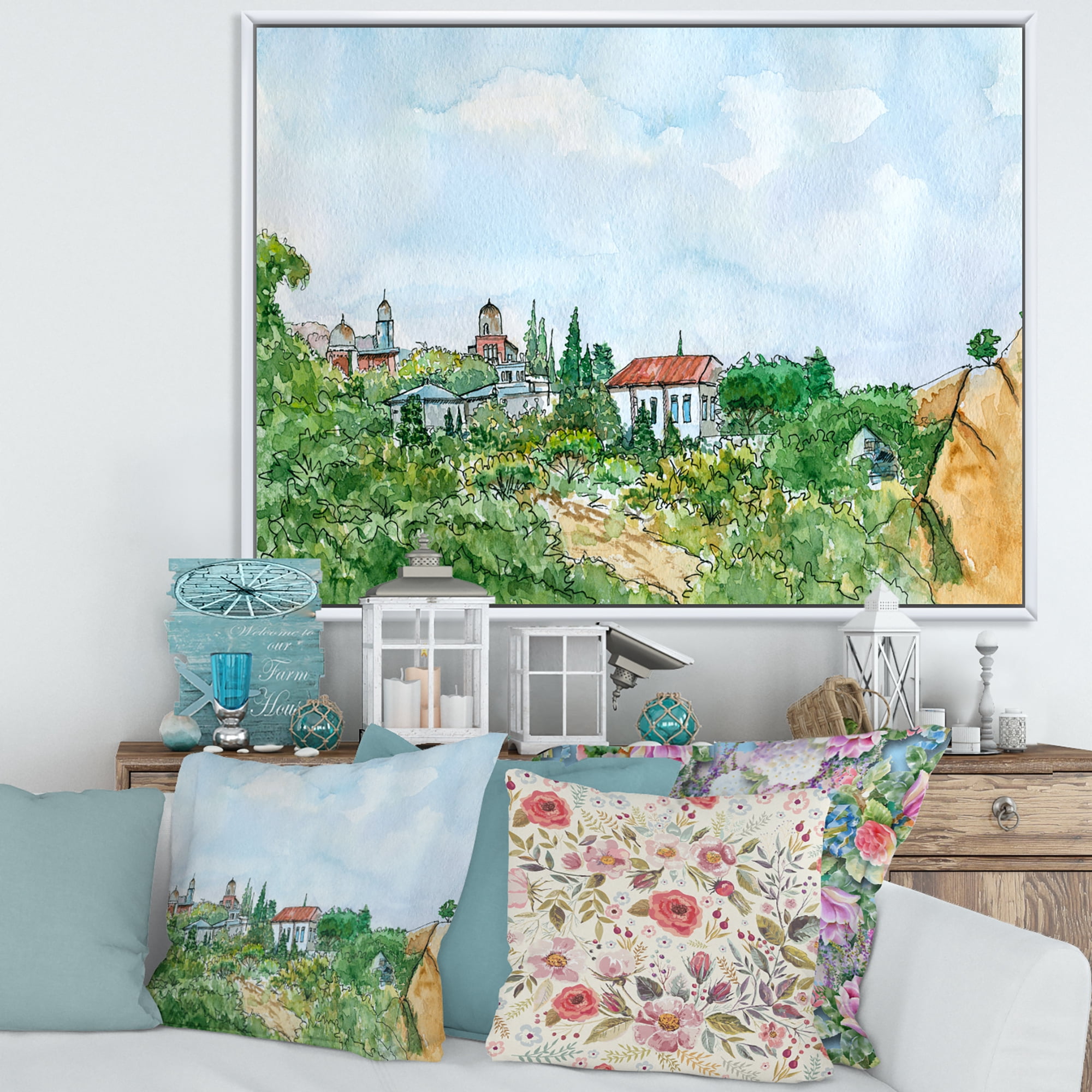 Designart 'White House With Red Roof In The Lush Green Countryside' Traditional Framed Canvas Wall Art Print
