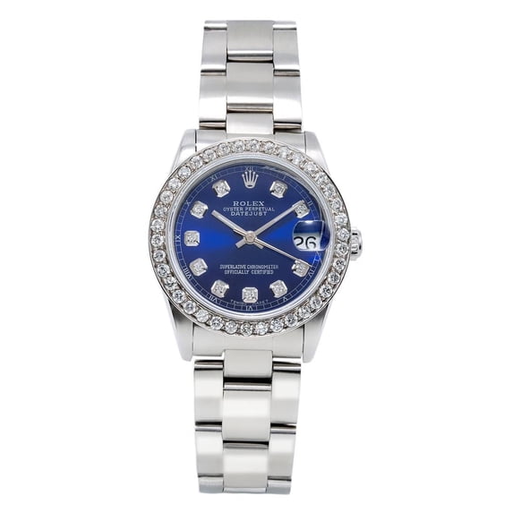 Pre-Owned Rolex Datejust 31MM 6824 Blue Diamond Dial Diamond Bezel Stainless Steel Oyster Bracelet 1.05ct