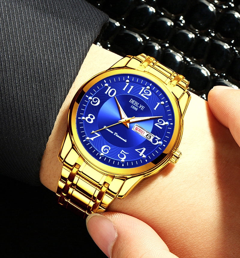 Men's watch with digital luminous display, dual calendar, alloy solid quartz watch, steel strap, waterproof, fashionable non-mechanical wristwatch for men
