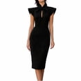thumbnail image 2 of Karymi Solid Bow Tie Mock Neck Cap Sleeve Midi Bodycon Dress, Keyhole Front Slim Pencil Dress Elegant Office Business Party Dress Easter Dresses for Women, 2 of 5