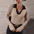 thumbnail image 4 of Suéter de manga acampanada para mujer, elegante, ajustado, con cuello en V, cuello vuelto, jersey de punto acanalado, camisa para el trabajo, 4 of 8