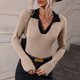 thumbnail image 4 of Suéter de manga acampanada para mujer, elegante, ajustado, con cuello en V, cuello vuelto, jersey de punto acanalado, camisa para el trabajo, color caqui XL, 4 of 8