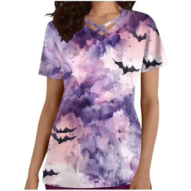 Tops Cortos para las Mujeres, Halloween Impreso en Cuello en V con Bolsillo, Moda Casual Manga Corta