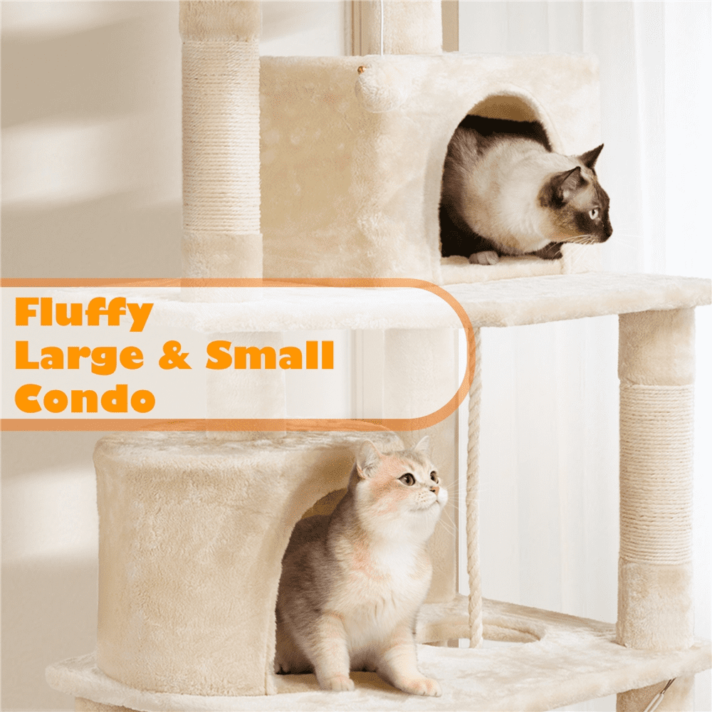 Alden Design 62" Double Condo Cat Tree and Scratching Post Tower, Beige