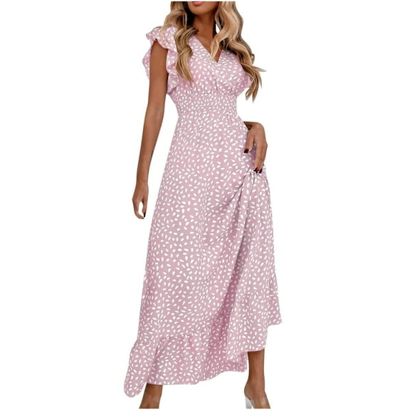 Qiopertar Women's V-Neck Sleeveless Maxi Dress Elegant Ruffled Waist Tie Casual Beach Vacation Party Cocktail Evening Ankle Length Dress, Pink M