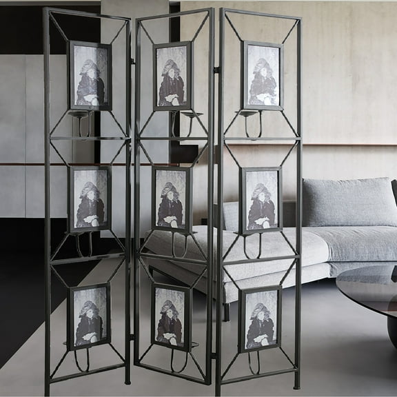 Royard Oaktree 3-panel Room Divider Screen with 9 Photo Frames, 71" Tall Folding Decorative Screen with Antique Mirrors and Candle Sticks, Freestanding Partition Wall Divider for Living Room