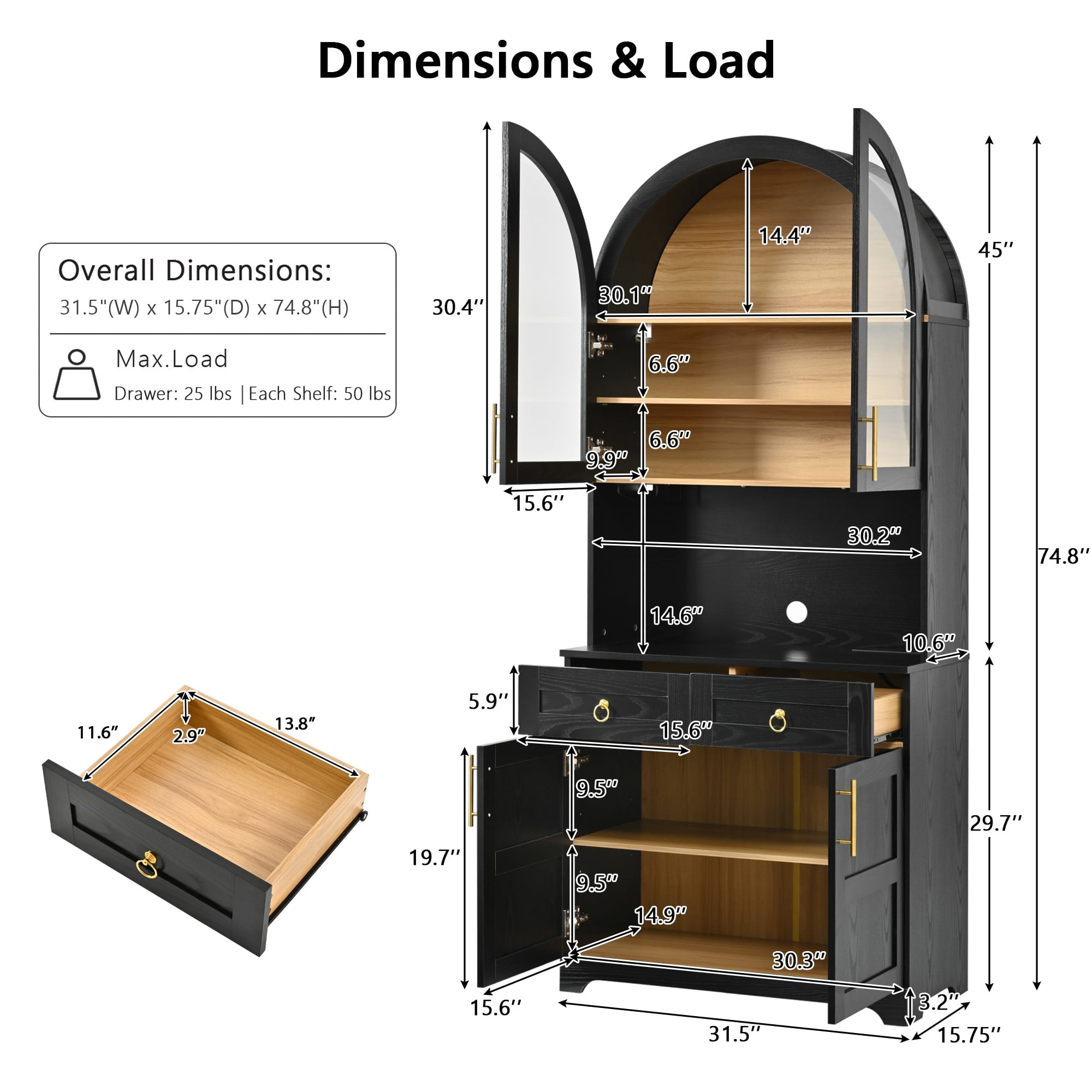 Aukfa 73" Tall Arched Kitchen Pantry, Accent Storage Cabinet with 3 Glass Doors & Door Shelves, Farmhouse Cupboard, Black