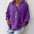 thumbnail image 2 of Fashion Blouses for Women $5 Ladies Tops Women's Fashion Solid Color Tops Long Sleeved Loose Cotton and Linen Loose Shirt Blouse V-Neck Casual Tops, Purple XL, 2 of 7