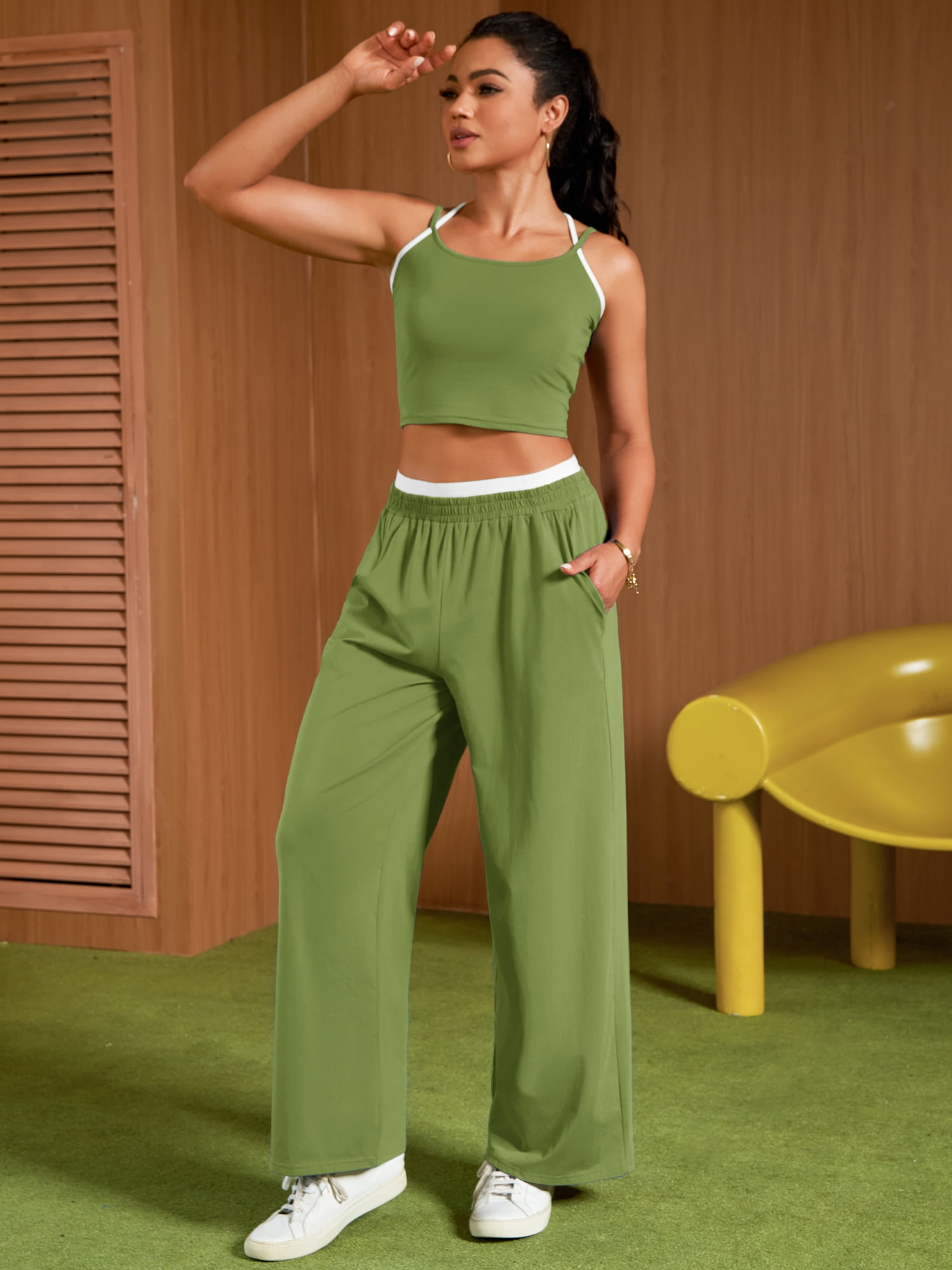 DARING DIVA Women's Yoga Set Camisole and Wide Leg Pants M Green
