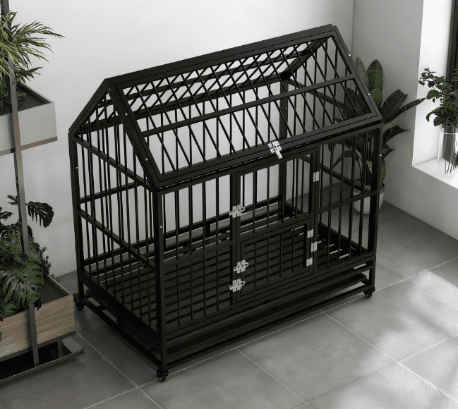 Heavy Duty Dog Crate with 4 Lockable Wheels, Double Doors, and Removable Tray, Black