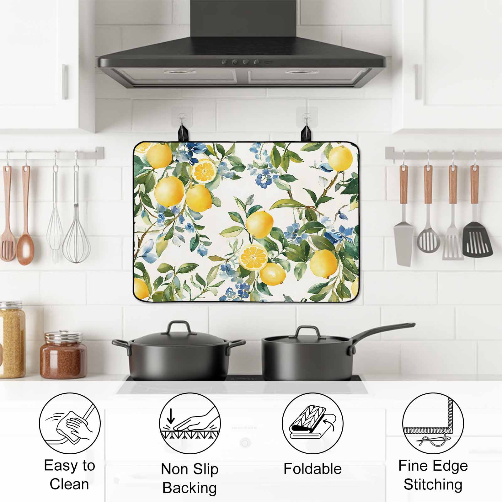 Yellow Lemon Stove Top Cover for Electric Stove, Heat-proof & Non Slip Glass Top Stove Cover Protector, Green Leaf Blue Flower Tropical Fruit Kitchen Flat Cooktop Rubber Mat 24x21 Inches