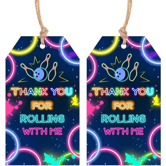 CelebJOY Bowling Thank You Tags, 50pcs Bowling Party Favors Neon Thank You for Rolling with Me Gift Tags with String for Bowling Themed Birthday Party Decorations