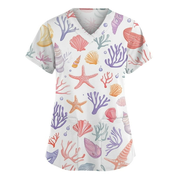 LHVUOA Scrub Tops Women Cute Animals Printed Short Sleeve Tops Plus Size Scrubs for Women Stretch