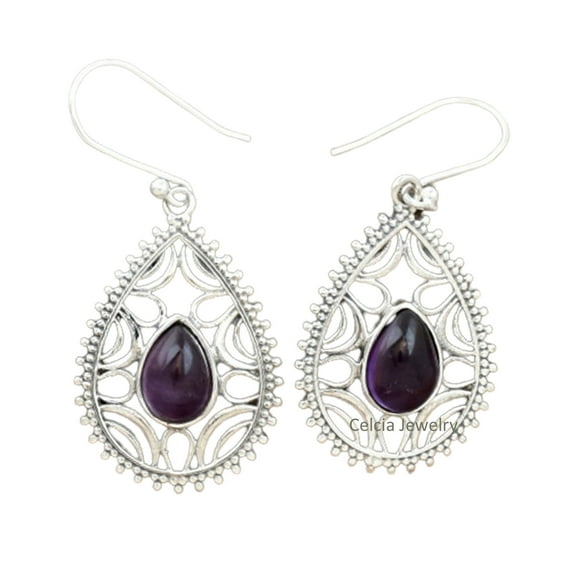 Pure 925 Sterling Silver Dangle Teardrop Earrings For Women, Natural Amethyst pear Gemstone Amazing Handcrafted February Birthstone Earrings
