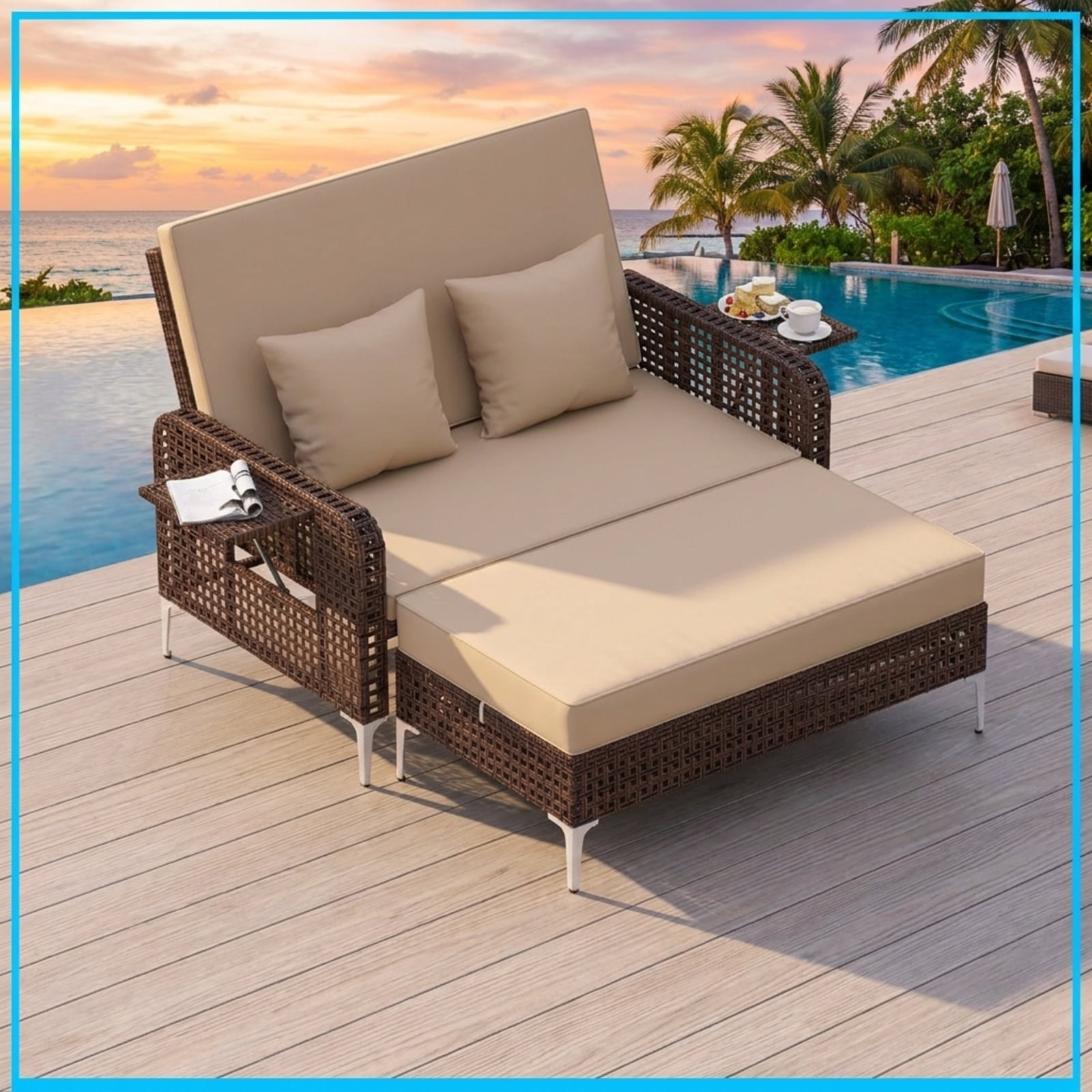Furnibear 2 Piece Patio Rattan Daybed Outdoor Wicker Loveseat and Ottoman Set with Adjustable Backrest and Cushions for Garden Poolside Backyard, Brown