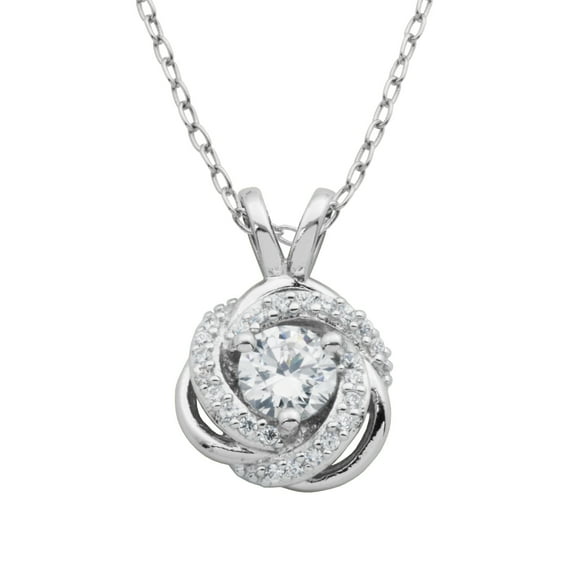Sterling Silver Platinum Plated Swirl Halo CZ pendant Necklace