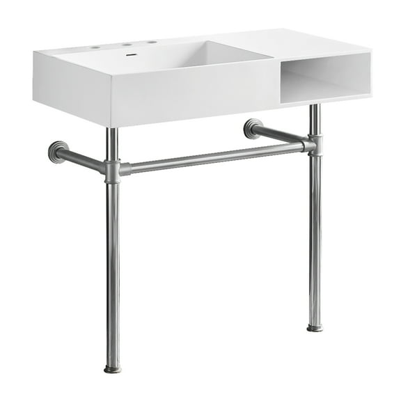 Kingston Brass Aurelius 36-Inch Solid Surface Console Bathroom Sink with Stainless Steel Legs, Matte White and Polished Chrome