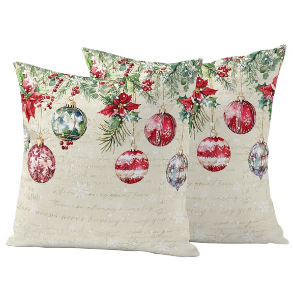 Christmas Balls Outdoor Pillow Covers 16"x16" Set of 2,Waterproof Throw Pillow Covers for Patio Furniture,Red Green Xmas Botanical Poinsettia Rustic Decorative Cushion Pillowcases for Garden Sofa