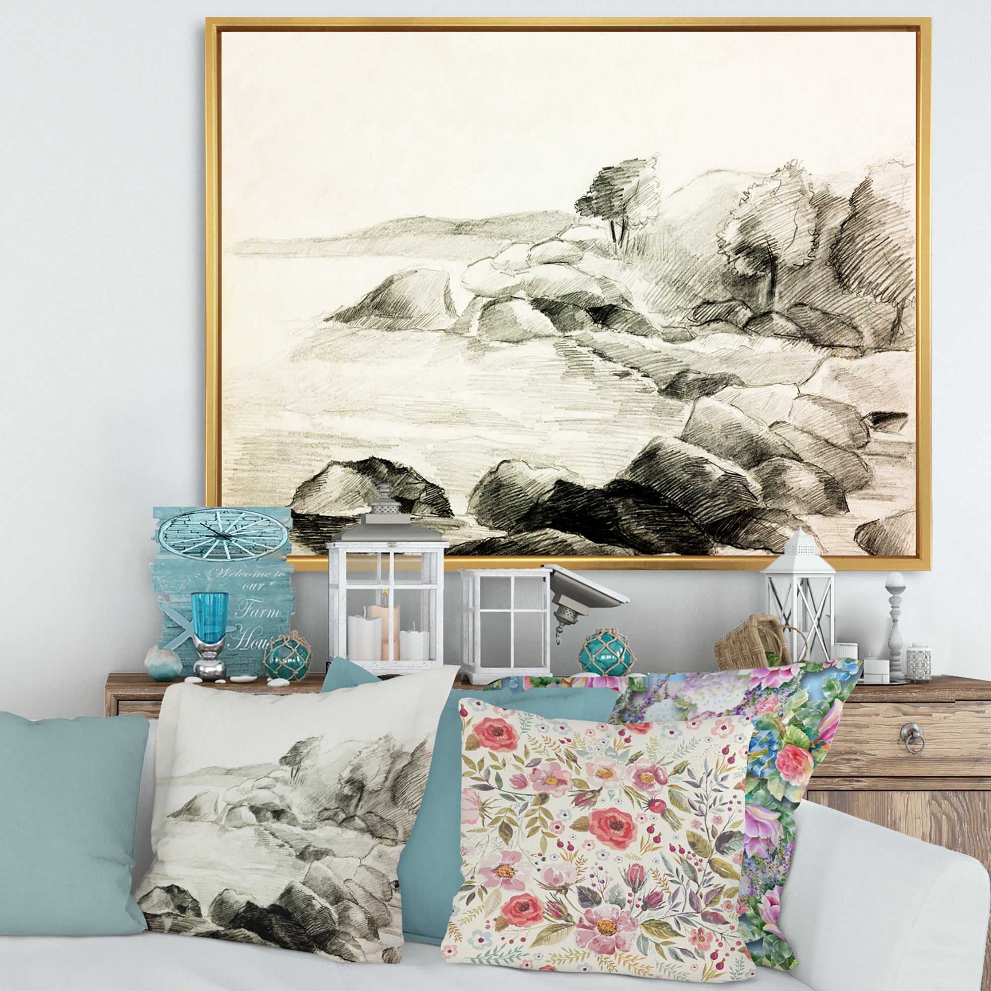Designart 'Black and White Lake Shore' Nautical & Coastal Framed Canvas Wall Art Print
