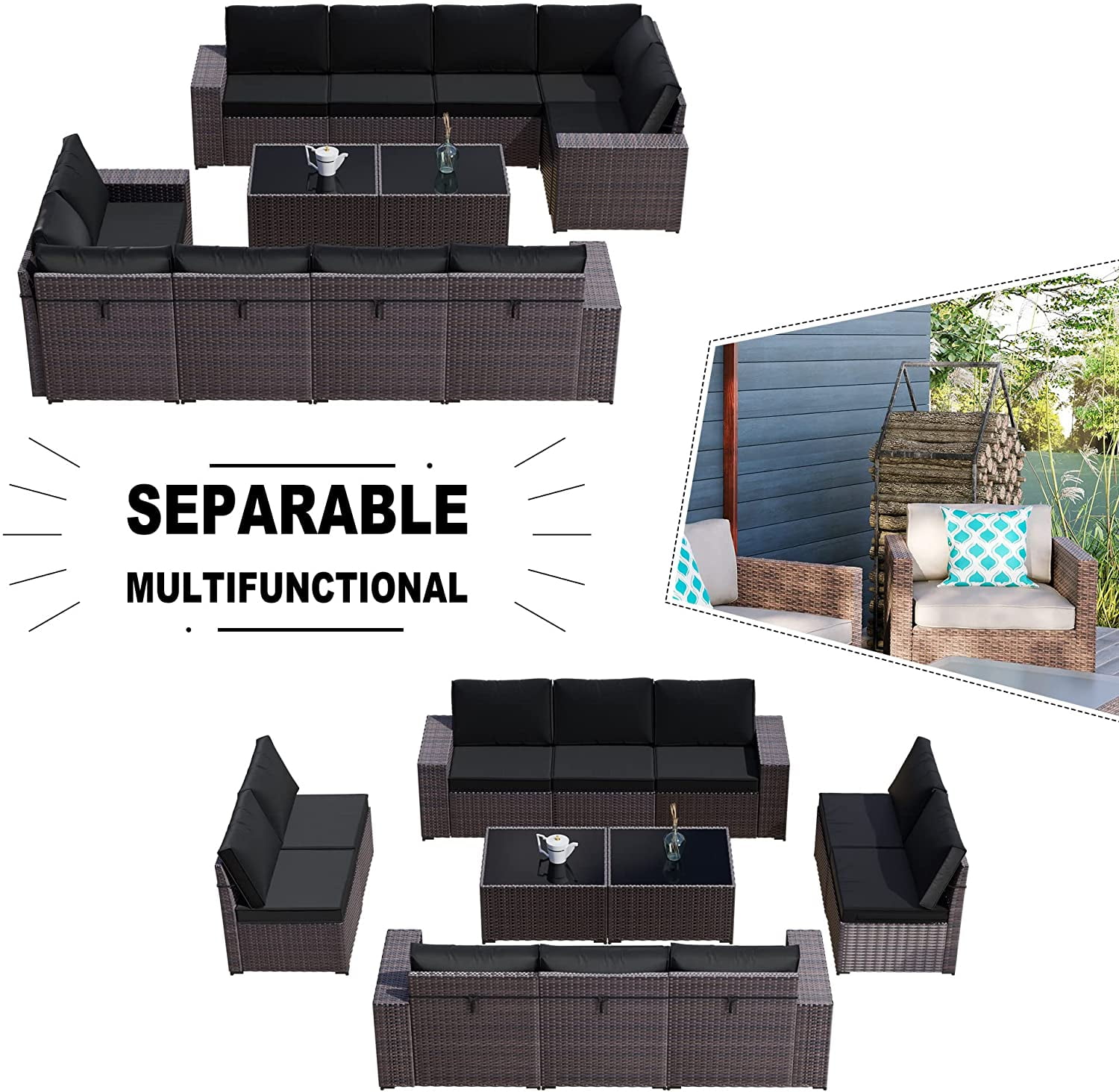 Gotland Outdoor Patio Furniture Set 12Pcs Sectional Rattan Sofa Set Wicker 10 Cushion 2 Table, Black