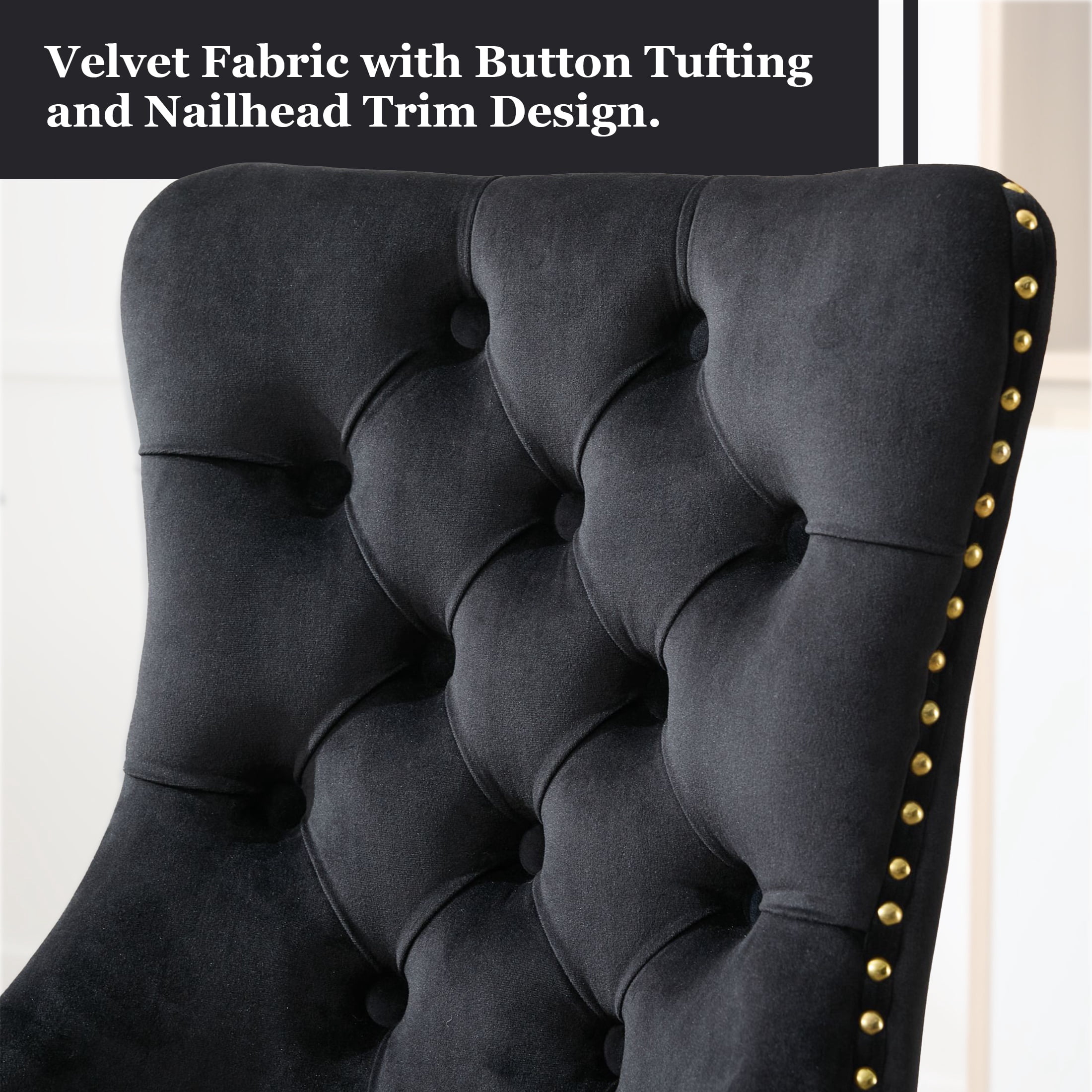 PAPROOS Vanity Chair, Swivel Home Office Chair, Ergonomic Home Desk Chair with Golden Metal Base, Adjustable Height, Velvet Upholstered Tufted Button Task Chair, Black