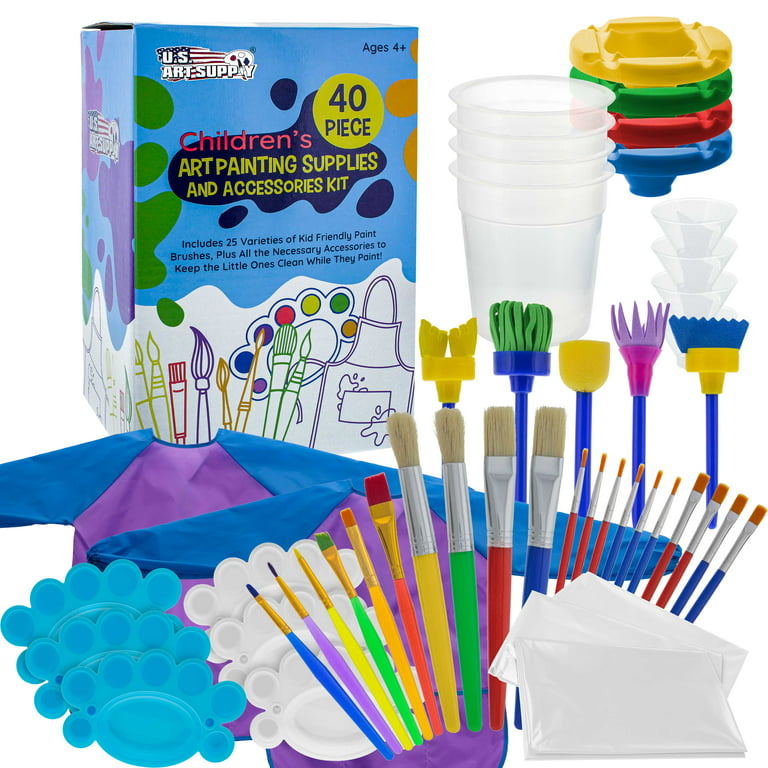 U.S. Art Supply 40-Piece Children's Art Painting Supplies and Accessories  Kit - 25 Flat, Round, Foam Tipped Brushes, 4 No-Spill Paint Cups, 6  Palettes, 2 Kids Smocks, 3 Table Cloths - Fun School Craft 