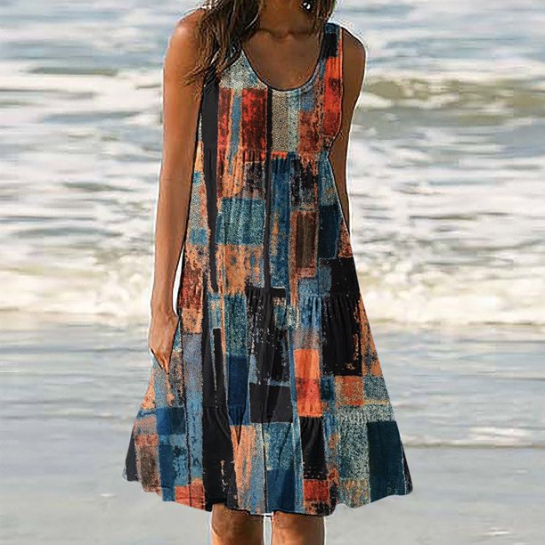ICHUANYI Clearance Women Plus Size Casual Printed Round-Neck Short Sleeve Loose Knee-Length Dress(Orange, M) ICHUANYI WER2023081009523